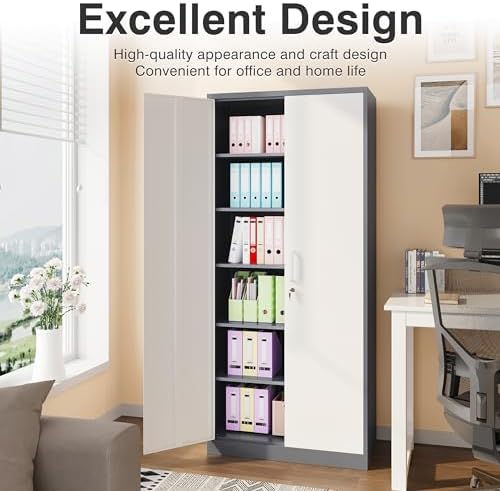 Metal Storage Cabinet with 2 Doors and 6 Shelves,Gray White Metal Cabinet with Lock,71" Lockable Garage Storage Cabinets,Locking File Cabinet,Steel Tool Cabinets for Home,Office,Garage,Shop,School - Image 4