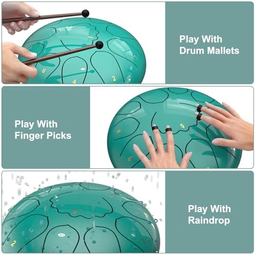 Rain Drum for Outside Garden, 8 Inches 11 Notes Steel Tongue Drum, Waterproof Meditation Rain Chime, Musical Instruments for Adult Gift with Bag, Music Book, Mallets (Lake Blue) - Image 4