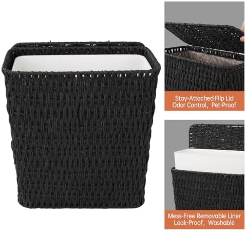 Coeusy 3 Gallon Paper Rope Bathroom Trash Can,Small Wicker Trash Cans with Lid and Liner,Woven Rattan Narrow Waste Basket for Bedroom,Office,Black - Image 6