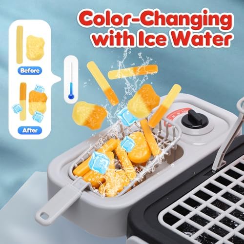 CUTE STONE Kids BBQ Grill Toys, Color Changing Play Food, Sizzling Sound & Light Effects, Cool Mist Spray, Pretend Cooking with Frying & Grilling, 2-Tier BBQ on Wheels - Kitchen Toy, Birthday Gift - Image 3