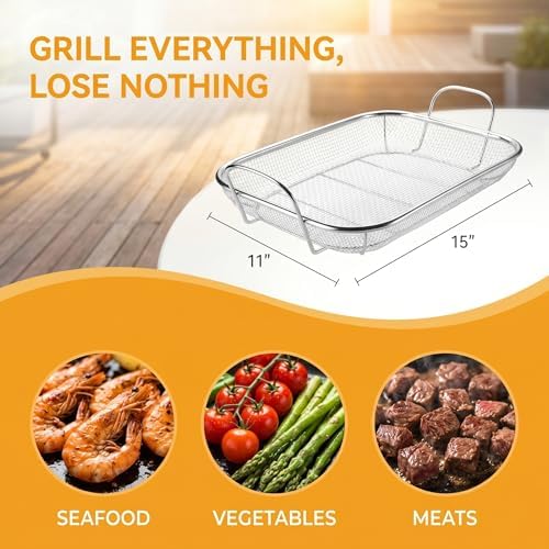 WUWEOT Grill Basket, Vegetable Barbecue Basket, 15" x 11" Stainless Steel Square Wire Mesh Grilling Basket Roasting Pan with Two Handles for Vegetables, Chicken, Meats and Fish - Image 4