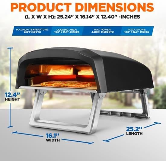 NutriChef Portable Outdoor Gas Pizza Oven - Includes Foldable Feet, Adjustable Heat Control Dial, Burner, Stone & Regulator Hose - Cooks 12" Pizza in 60 Seconds - 25.24'' x 16.14'' x 12.40'' IN - Image 2