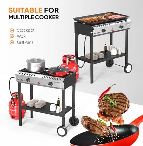 ROVSUN 2 Burner Outdoor Propane Gas Stove with Auto-ignition, Regulator & Shelf, 150,000 BTU Powerful Stand Cooker for Backyard Patio Cooking Home Brewing Canning Turkey Frying - Image 4