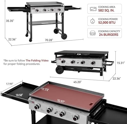 Royal Gourmet GB4001F 4-Burner Propane Griddle for Outdoor, Folding Shelves - Image 3