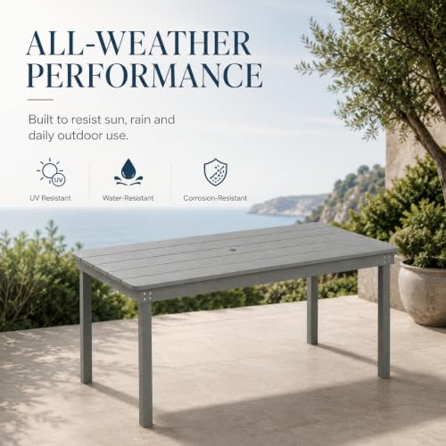 67" Rectangular Outdoor Dining Table, All-Weather HDPE Patio Table for 6-8 Person, Large Composite Wood Furniture with Umbrella Hole for Backyard Deck Garden Poolside, Gray - Image 4