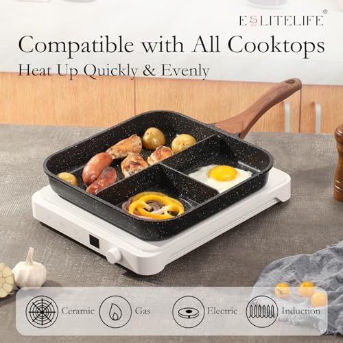ESLITE LIFE Nonstick Divided Grill Pan for Stove Tops, 11 Inch Versatile 3-In-1 Breakfast Pan, Square Big Grilling Steak Pan for Indoor & Outdoor Cooking, PTFE & PFOA Free, Black - Image 4