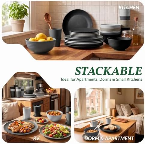 Homienly 40 PCS Kitchen Plates and Bowls Sets for 8 Wheat Straw Dinnerware Sets Microwave and Dishwasher Safe Camping Dish Set Plate Set, Kids, Reusable, Unbreakable, Lightweight-BlackGrey - Image 6