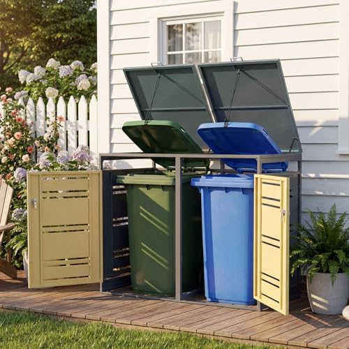 Goplus 44 Cu.Ft Outdoor Trash Can Storage, Garbage Can Hider Outdoor with 2 Lockable Doors Gas Struts & Shock Absorbers, Outdoor Storage for Patio, Backyards, Yard & Garden by Goplus