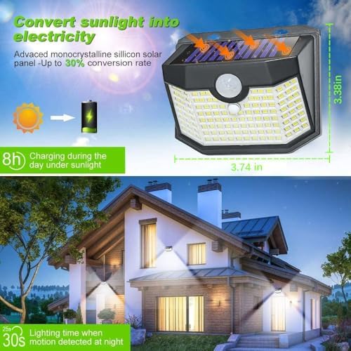 HMCITY 120 LED Outdoor Solar Lights with Motion Sensor and 3 Lighting Modes, IP65 Waterproof Wide Solar Wall Lights Ideal for Garden Patio Yard (Front Button 2Packs, Black Shell-Daylight White) - Image 4