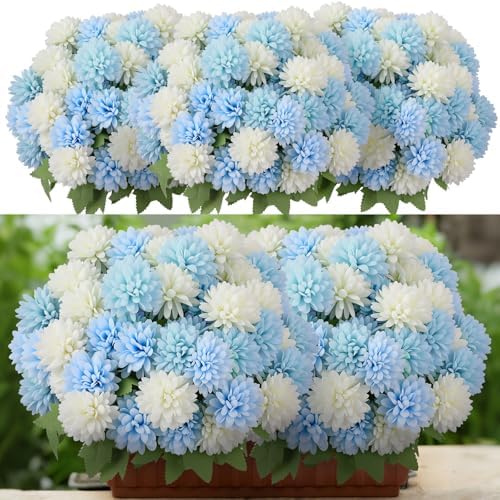 XunYee 12 Pcs Blue Artificial Flowers for Outdoor,Silk Chrysanthemums by XunYee