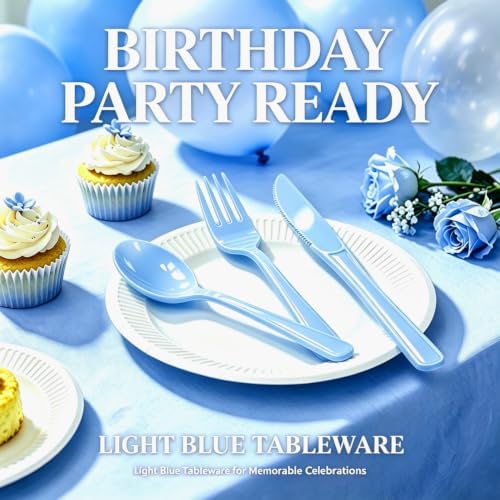 75 Pack Light Blue Heavy Duty Plastic Silverware Set, Disposable Knives, Forks & Spoons, 25 Sets for Birthday, Baby Shower, Camping, Picnic & Party - Image 2