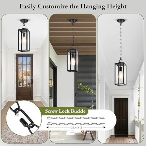 BesLowe 15” Large Outdoor Pendant Light, Modern Hanging Lantern, Black - Image 3
