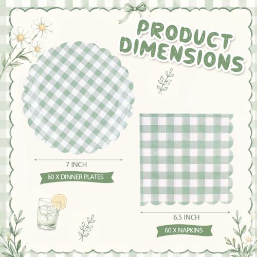 Roshtia 120 Pcs Sage Green Gingham Plates and Napkins Set, Boho Baby Shower - Image 2