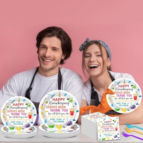96Pcs Colorful Happy Housekeeping Week Paper Plates and Napkins We Appreciate You Disposable Tableware Thanks for All You Do Party Plate for 24 Guests Housekeepers Appreciation Party Supplies - Image 6
