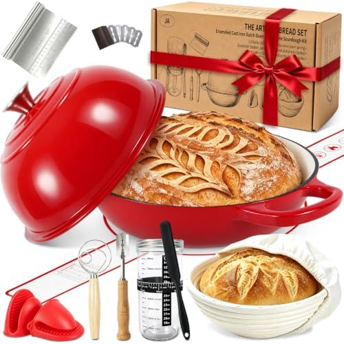 Enameled Cast Iron Dutch Oven 5.5QT with Lid - Complete Sourdough Bread Baking Kit (Banneton Basket, Dough Tools, Silicone Sling) for Artisan Bread by Jalarox
