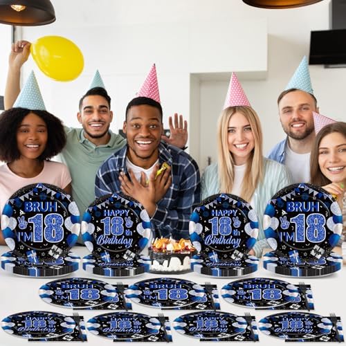 96PCS 18th Birthday Party Paper Plates and Napkins and Forks Set for Blue and Silver Bruh I'm 18 Years Old Party Paper Plates Disposable Decor Happy 18th Parties Set for Teens Birthday Decorations - Image 6
