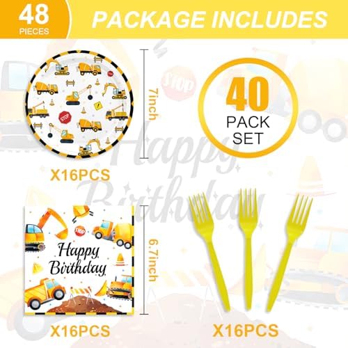 48Pcs Construction Birthday Party Supplies Excavator Birthday Decorations Including Plates and Napkins Forks Supplies Serves 16 Guests Baby Shower Construct Party Decorations - Image 2