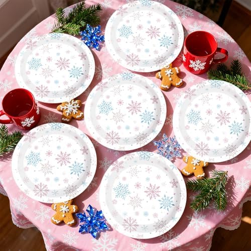 50Pcs Frozen Snowflake Party Decorations 9 Inch Disposable Winter Snowflake Wonderland Paper Plates Pink Blue Snow Wonderland Dessert Plates for Girls Xmas Baby Shower Holiday Birthday Party Supplies - Image 6
