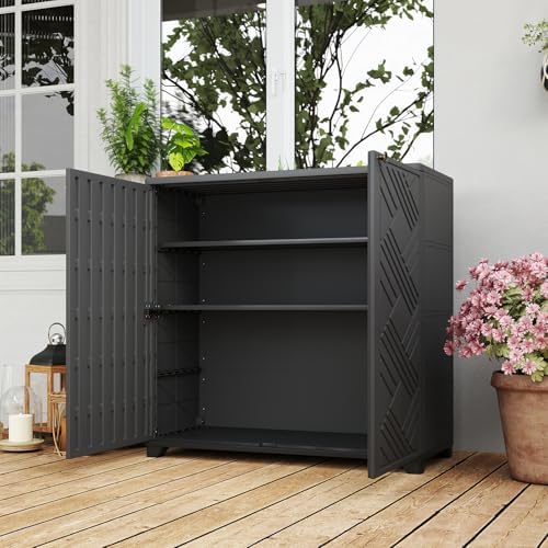HOMSPARK Indoor/Outdoor Storage Cabinet with Doors and 2 Metal Shelves, 34”x15”x34” HDPE Plastic Storage Box for Patio, Garden, Enterway, Balcony, Multi-Purpose for Daily Tools, Black - Image 6