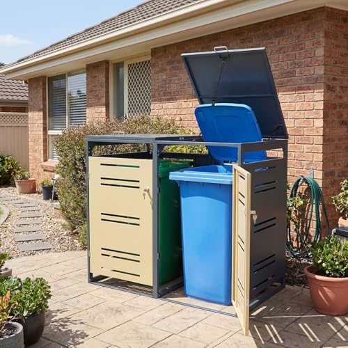 Goplus 44 Cu.Ft Outdoor Trash Can Storage, Garbage Can Hider Outdoor with 2 Lockable Doors Gas Struts & Shock Absorbers, Outdoor Storage for Patio, Backyards, Yard & Garden - Image 7