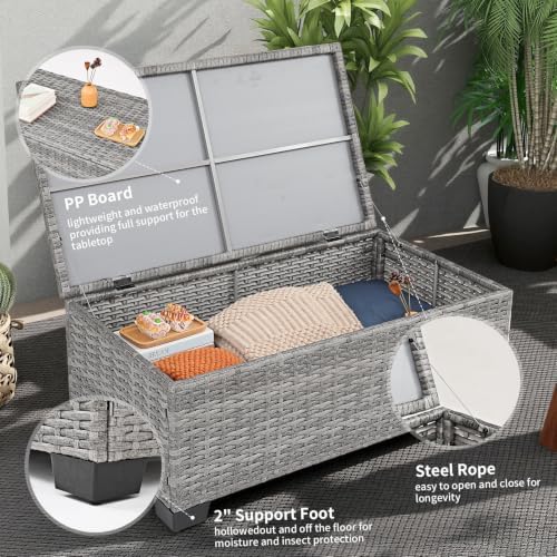 Rattaner Patio Coffee Table Outdoor Storage Table for Patio Wicker Coffee Table Outdoor Table with Patio Storage Box Furniture Cover, Stone Grey - Image 4