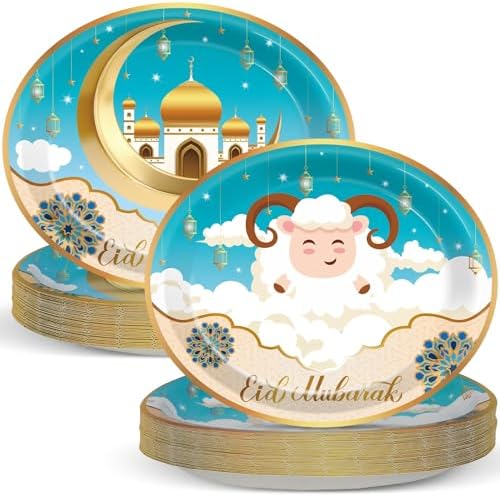 Qyeahkj 50 PCS Eid Al Adha Oval Paper Plates Large 11” Disposable Eid Mubarak Party Decorations Islamic Muslim Supplies Favor for Sheep Ramadan Muslim Eid Al Fitr Party Tableware Set by Qyeahkj