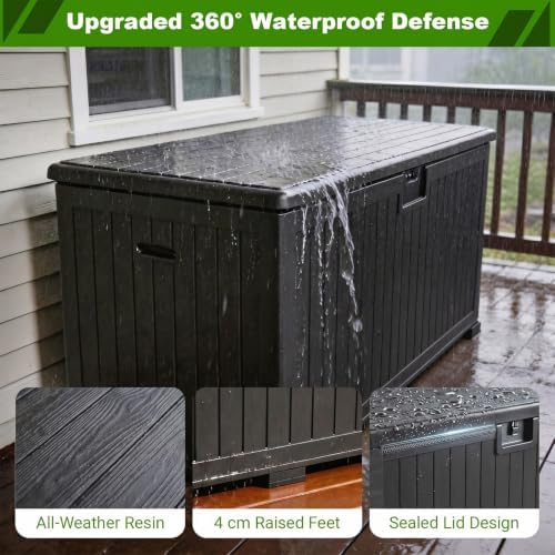 320 Gallon Deck Box with 6 Waterproof Foot Pads, Resin Storage Box Weatherproof, Plastic Cushion Container with Lock and Lids for Pool Equipment, Black - Image 4