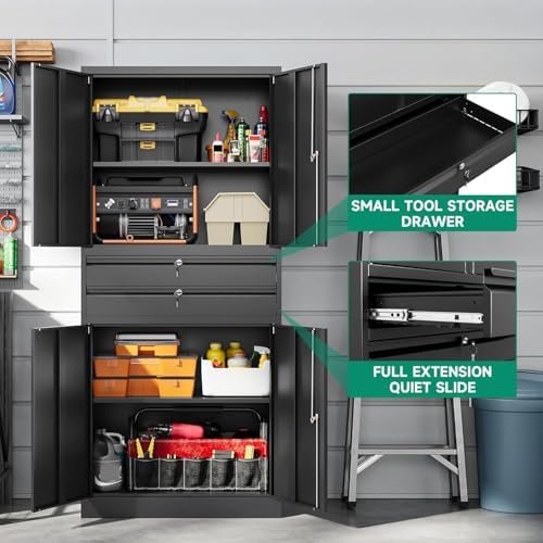 Letaya Metal Garage Storage Cabinet,71" Heavy Duty Steel Tool Cabinet with 4 Door Lock-Adjustable Shelves and 2 Drawer for Garage Home Office Utility Room (Black) - Image 4