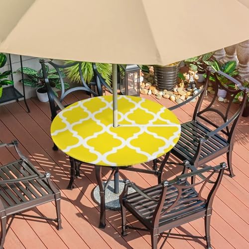 Fitted Round Tablecloth with Umbrella Hole and Zipper Yellow Moroccan Outdoor Elastic Table Cloth 36"-44" Oil-Proof Waterproof Morocco Geometric Patio Table Cover for Dining Picnic Party - Image 7