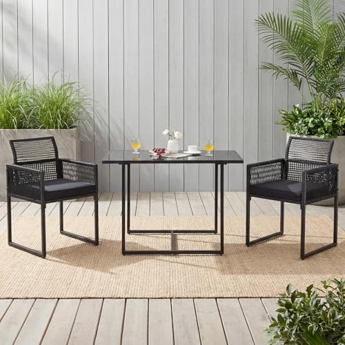 Tangkula 3 Pieces Outdoor Dining Set, PE Rattan Patio Furniture Set with Folding Backrest, Cozy Seat Cushions, Tempered Glass Tabletop, Space-Saving Bistro Table and Chairs Set of 2 for Backyard Pool - Image 2