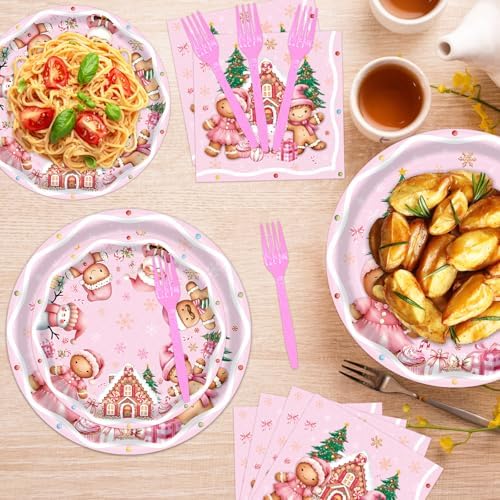 96Pcs Pink Gingerbread Christmas Decorations, Disposable Snowflake Gingerbread Paper Plates Napkins Forks Dinnerware for Xmas Ginger bread House Cookies Party Supplies, Serves 24 - Image 5