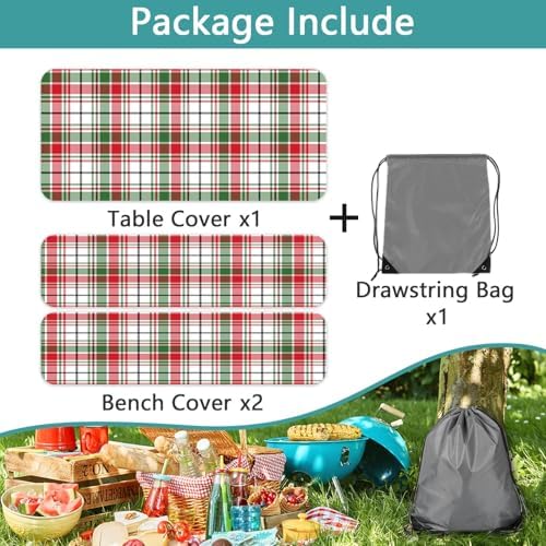 Red Green White Plaid Picnic Table Cover with Bench Covers and Bag, Camping Essentials, Water Resistant Windproof, Fitted Tablecloth Cover with Elastic Edge, for Indoor & Outdoor 3 PCS, 30x96 Inch - Image 2