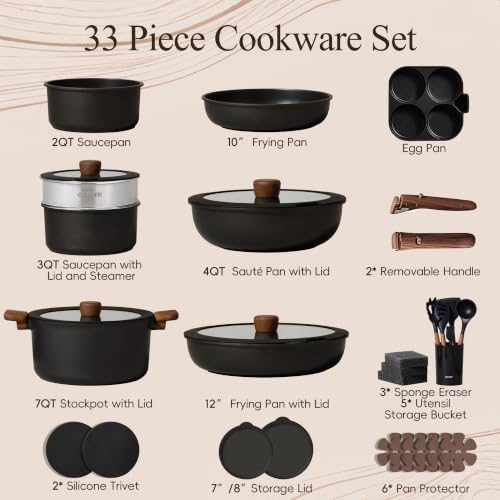 CAROTE 33pcs Pots and Pans Set Non Stick, Detachable Handle Cookware, Black - Image 2