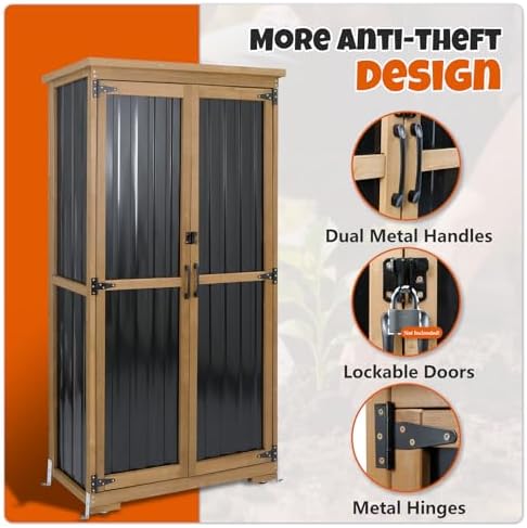 Outdoor Storage Cabinet with Shelves, Wood & Metal Storage Shed with Weatherproof Roof, Lockable Doors, Adjustable Feet, Outside Storage Cabinet for Garage, Patio (15.6" D x 32.3" W x 65.8" H) - Image 2