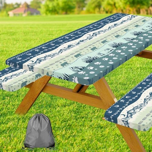 Picnic Table Cover with Bench Covers and Bag, Camping Essentials, Bohemian Waterproof Windproof Camping Tablecloth, Fitted Tablecloth Cover with Elastic Edge, for Garden & Outdoor, 3 PCS, 30x72 Inch by Xguatan