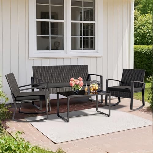 Ahomly 4 Piece Outdoor Patio Furniture Set with Rocking Chairs, Black - Image 5