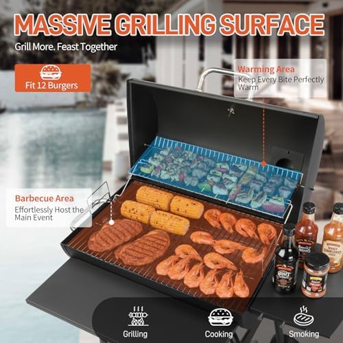 Outvita Barrel Charcoal Grill with Warming Rack, Side Front Table, Black - Image 2