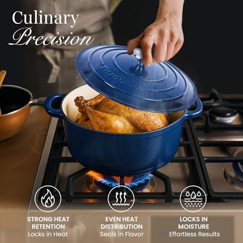Cast Iron Pot with Lid-Non-Stick Ovenproof Enamelled Casserole Pot, Oven Safe up to 500° F-Sturdy Dutch Oven Cookware - Dark Blue, 5-Quart, 24cm by- Nuovva - Image 6