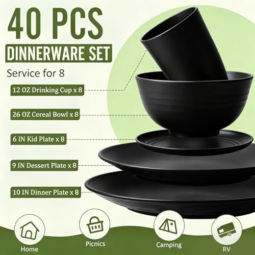 Kitchen Wheat Straw Dinnerware Set 40 PCS Black Dishware Sets for 8 Plastic Plates Reusable Dinner Plates Cereal Bowl Small Cups Dishwasher & Microwave Safe Unbreakable Dish Set for Picnic RV - Image 2