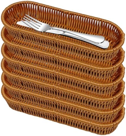 Silverware Organizer Basket, Silverware Basket for Drawer, Small Wicker Bread Cracker Baskets 6 Pack, Stackable Wicker Storage Baskets for Spoons Forks Knives Stationery (Oval) by Unknown