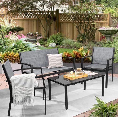 Greesum 4 Pieces Patio Furniture Set, Outdoor Conversation Sets for Patio, Lawn, Garden, Poolside with A Glass Coffee Table, Gray by BuynowfromGreesum