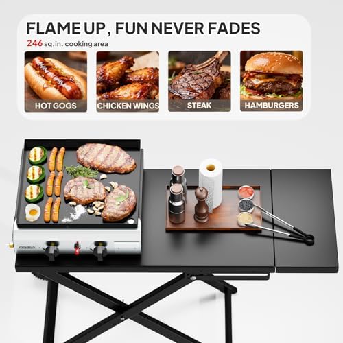 ROVSUN 2 Burner Foldable Propane Griddle with Wheels & Enameled Tray, 20000 BTU Portable Flat Top Gas Grill with Electronic Ignition & Regulator for Outdoor Cooking Camping BBQ Tailgating Picnicking - Image 4