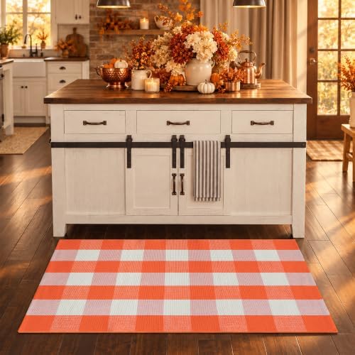 Orange and White Plaid Rug, 4' x 6' Fall Outdoor Front Door Decor Mat, Cotton Washable Hand-Woven Rug for Layered Doormat, Autumn Halloween Thanksgiving Carpet for Porch, Entryway - Image 4