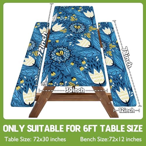 Picnic Table Cover with Bench Covers Waterproof Elastic Rectangle Tablecloth Camping Essentials Supplies Rv Car Travel Gear Must Haves Accessories Fitted Table Cloth Outdoor Road Trip Camper Gifts 6ft - Image 2