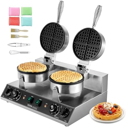 VEVOR Commercial Waffle Maker, Dual-Head Round Waffle Baker Machine, 2460W Non-Stick Stainless Steel Belgian Waffle Iron with Temp and Time Control, Handle, for Restaurant Bakery Snack Bar Family by VEVOR