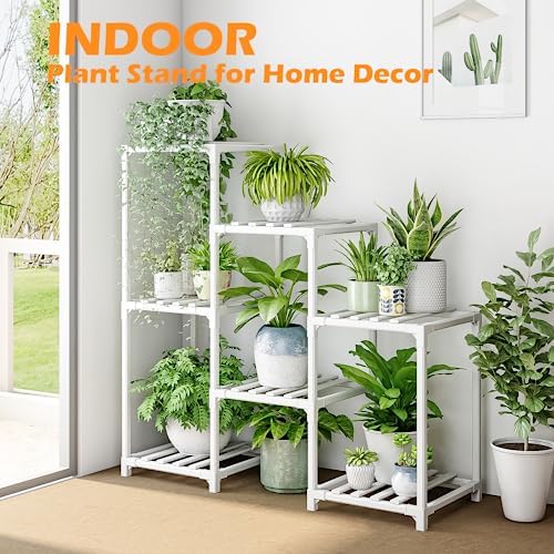 Bamworld Indoor Plant Stand Outdoor White Shelf Bamboo Plant Table for Multiple Plants 3 Tiers 7 Pots Ladder Holder Pot Window Garden Balcony Living Room - Image 3