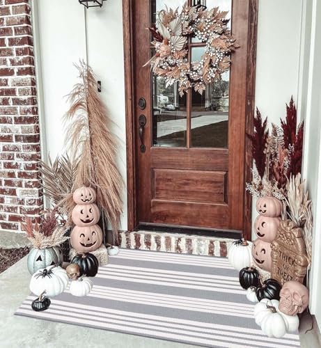 Grey and White Outdoor Rug 24"x51"Cotton Washable Striped Front Porch Rug - Image 5