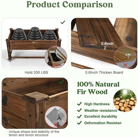 OIPRTGFJ Cedar Wood Outdoor Raised Garden Bed Planter Box with Locking Wheels, 41x21x20 inch, Carbonization Color - Image 2