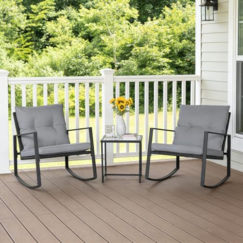 SUNCROWN 3 Piece Outdoor Rocking Bistro Set Black Wicker Furniture Porch Chairs Conversation Sets with Glass Coffee Table, Dark Grey - Image 4