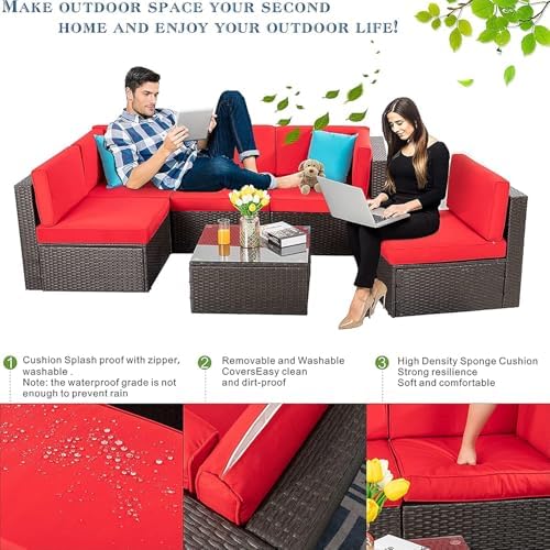 Vongrasig 6 Piece Patio Furniture Set, Small Outdoor Sectional Couch, Red - Image 3